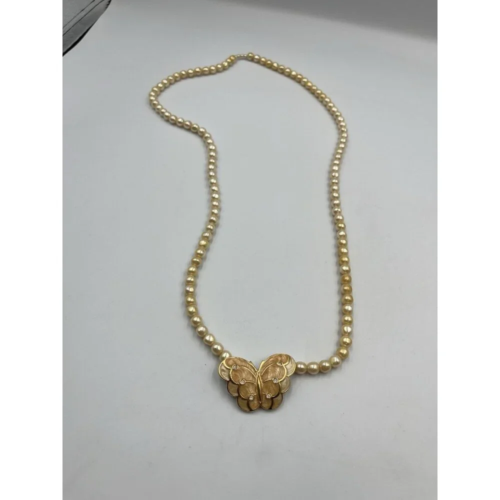 VINTAGE Kenneth Jay Lane KJL for Avon Pearl Enamel Crystal Butterfly Necklace - Picture 9 of 16